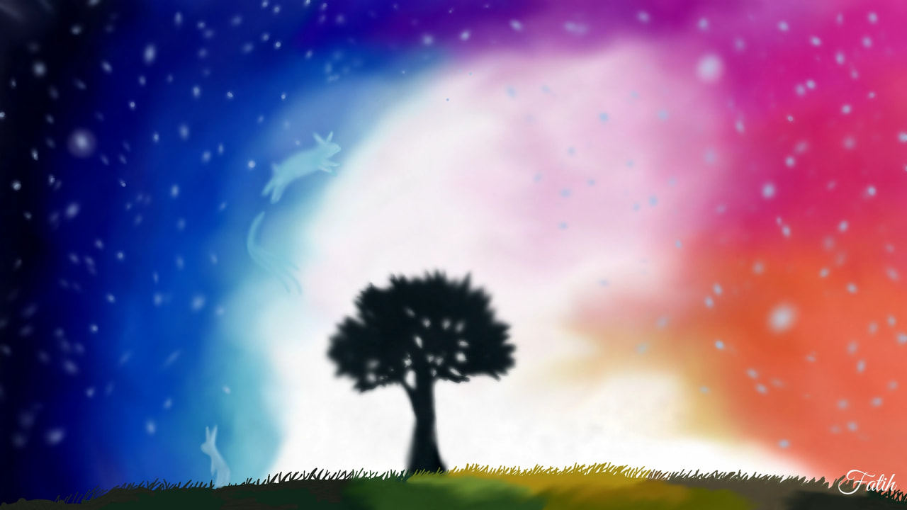 #tavşan #Rabbit #ağaç #tree #çimen #grass #Rengarenk #colorful #gökyüzü #sky #yıldızlar #stars