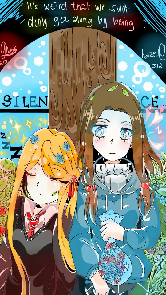 Me and my big sis. We only get along when it comes from being silent. --- gosh diddly darn it sketch! I've been doing this for hours and this sketch be like:"NOPE" exits me to my flaming sketch and then bam! Gonna do it all over again. It's so annoying!