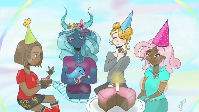 Happy birthday Otto! We celebrate with me, my OC Ithi, my friend ‪@Bittertempered‬ and her OC Sage! Phew! #4stepstoz4 #fridayswithsketch #sketchworld #sky #otto #bubbles #sketchparty #ithi