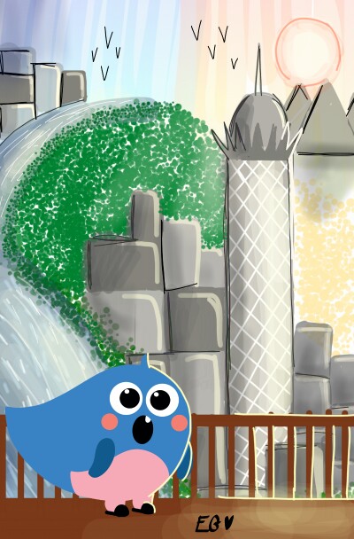 I am not an expert at drawing land scapes,sorry about that -_-! This the view of the river nile/cairo tower/ (and very far away----->the silhouette​ s of the great pyramids of Giza) !!! you will really have fun Otto ;) #ottosvacation destination=Egypt!!