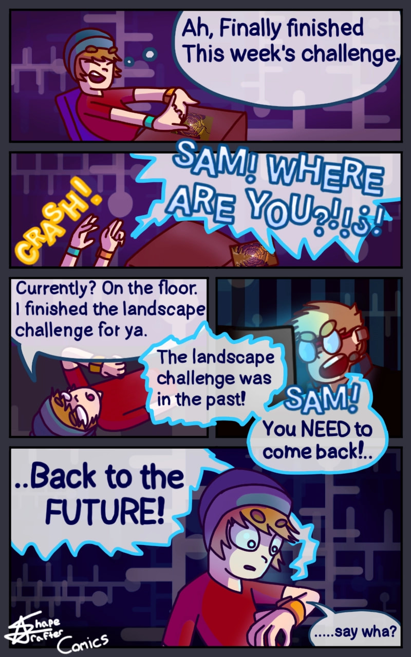 Funny story: I almost did this exact thing. (Hints where the comic idea came from) I guess I'll go work in the future on my future project of the future. #futurechallenge#fridayswithsketch#ShapeCrafter#cartoon#comic#SCComics #sam#aaron#backtothefuture