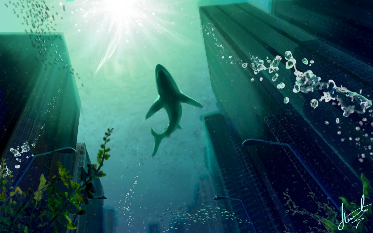 "City under water" based on the film "the day after tomorrow". The work took about 8 hours. ("город под водой" по мотивам фильма "послезавтра". работа заняла около 8 часов.) #shark #city #water #Fish