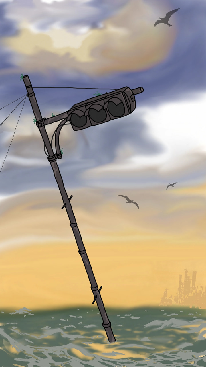 #art #postapocalyptic #landscape #sky #water #Ruins #trafficlight #futurechallenge